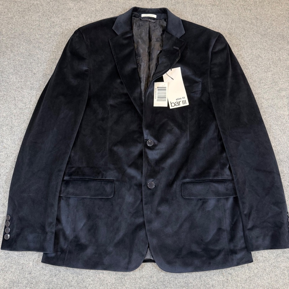 Bar III Mens Slim Fit Velvet Blazer Navy Blue 2-Button Sport Coat 40R NEW